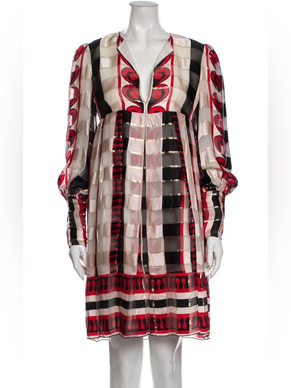 EUC Anna Sui Red, Black, Cream & Gold Patterned V-Neck Long Sleeve Dress-Size 4